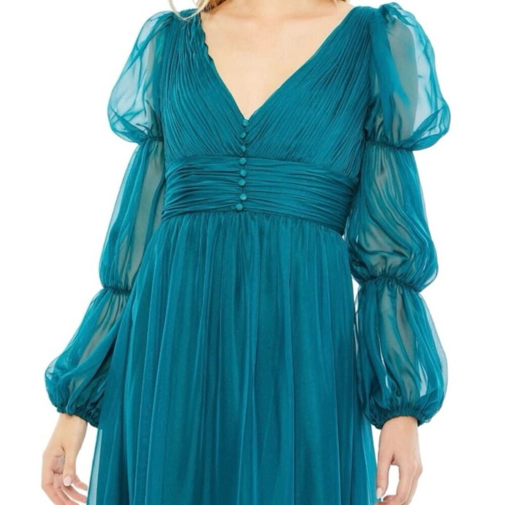 Mac Duggal Teal V-Neck Puff Sleeve Midi Dress - Picture 3 of 12